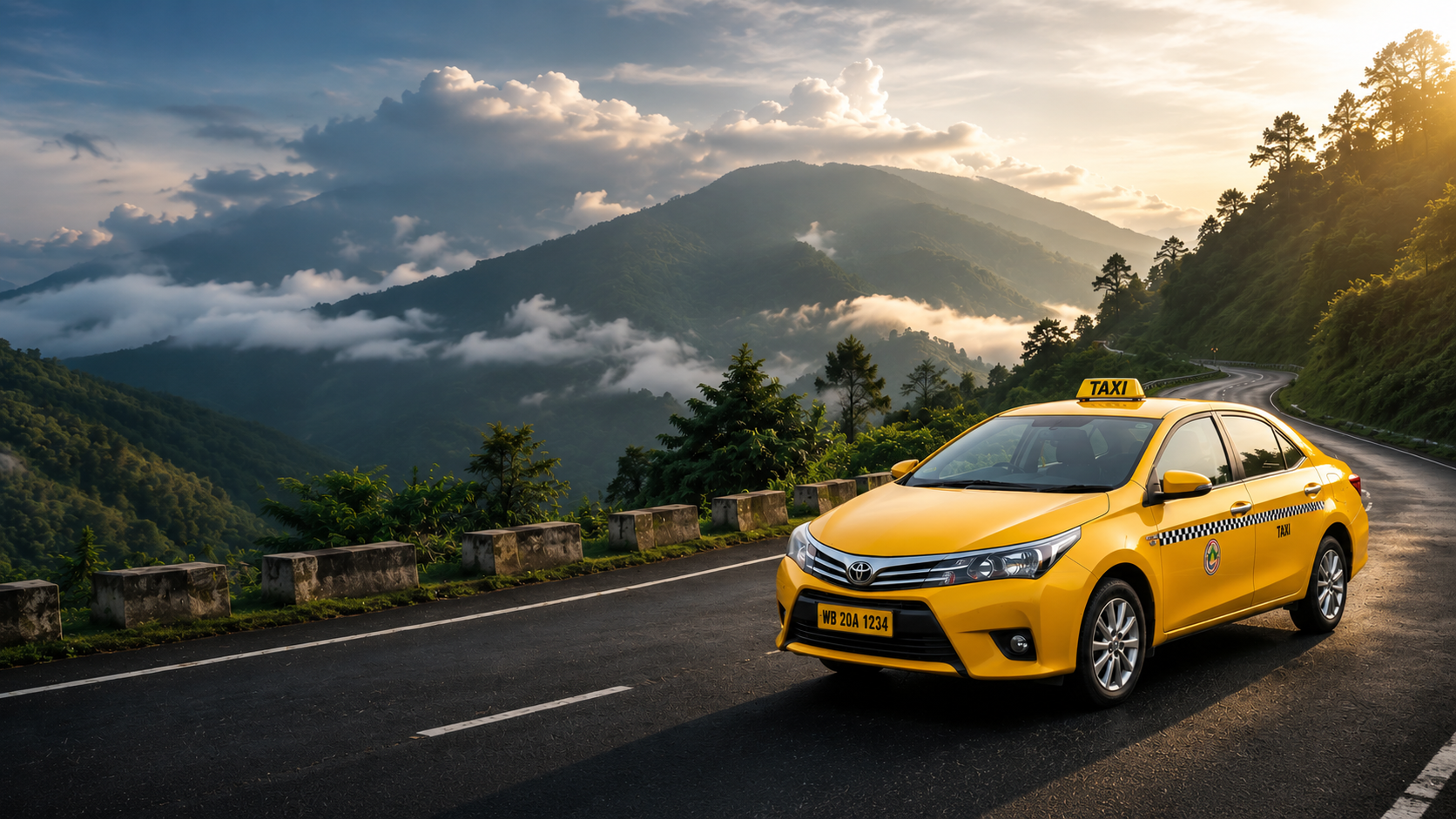 Yellow taxi on a Darjeeling hill road